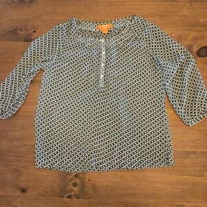 Joe Fresh Sheer Geometric Patterned 3/4 Sleeve Shirt Button Front Green Small